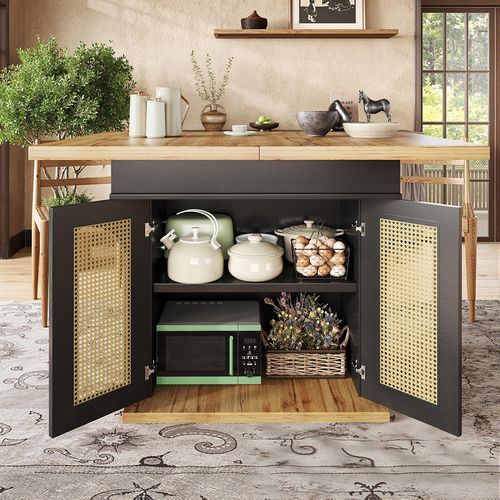 Table télescopique 110-140x80cm, 4-6 pers, portes rotin PE, cuisine/salon