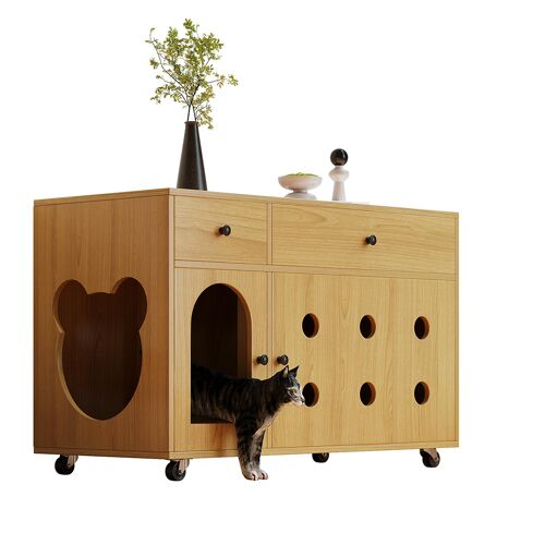 Armoire litière 100x45x66cm, plateau amovible, anti-odeurs, couleur bois naturel/érable jaune