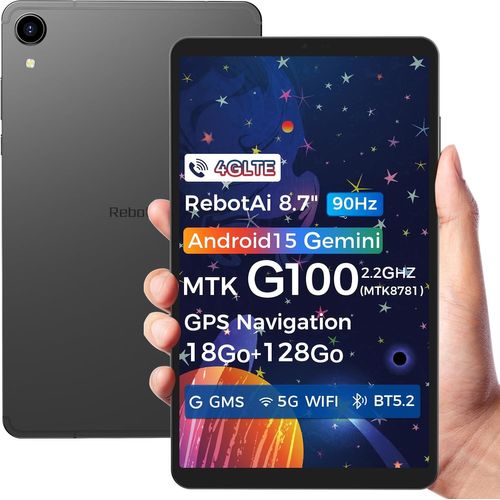 Tablette 8.7 Pouces Android 15, 18 Go (6+12) RAM 128 Go ROM / 1TB TF, Mediatek Helio G100/1380 * 800 IPS 90Hz Écran, Widevine L1/5000mAh/5G WiFi/13MP+5MP - Gris