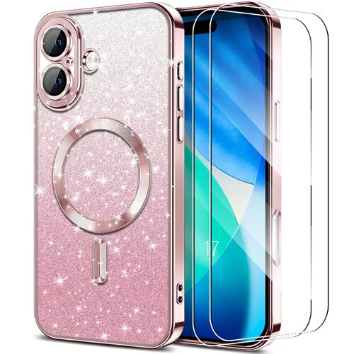 Coque + 2 Verres Trempés pour iPhone 17, Silicone Silicone avec Anneau Magnétique - Rose - E.F.Connection