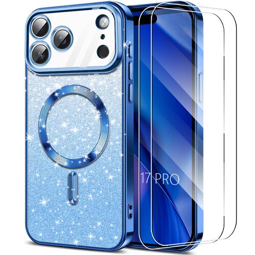 Coque + 2 Verres Trempés pour iPhone 17 Pro, avec Anneau Magnétique Protection Scintillante - Bleu - E.F.Connection