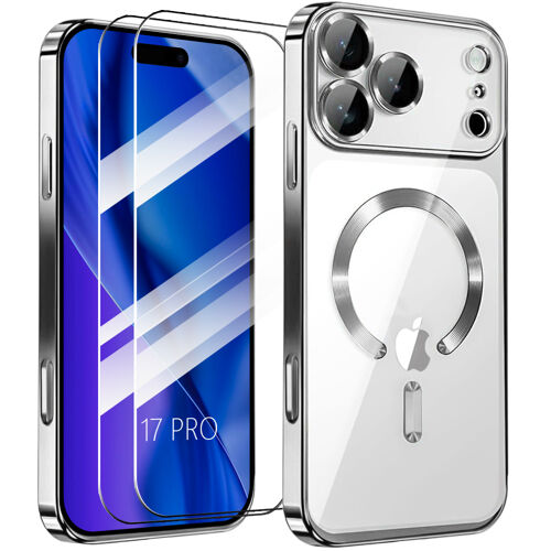 Coque + 2 Verres Trempés pour iPhone 17 Pro, Protection Silicone avec Cercle Magnétique Argenté Brillant - E.F.Connection