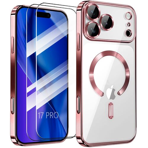 Coque + 2 Verres Trempés pour iPhone 17 Pro, Protection Transparente avec Anneau Magnétique Contour Rose - E.F.Connection