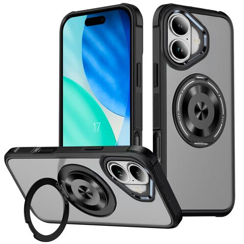 Coque pour iPhone 17, Protection Hybride Silicone et PC avec Cercle Magnétique Rotatif - Noir