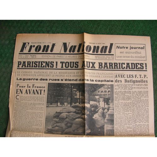 Ww2 France Journal Francais " Front National 23 Aout 1944 " Époque Libération De Paris (39-45)