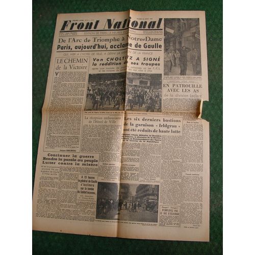 Ww2 France Journal Francais " Front National 26 Aout 1944 " Époque Libération De Paris (39-45)