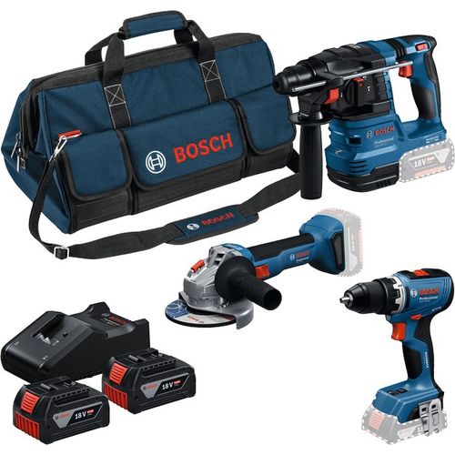 Set de 3 outils 18 V : GSR + GWS + GBH + 2 batteries GBA 18V 4.0 Ah + GAL 18V-40 Professional - BOSCH - 0615A50094