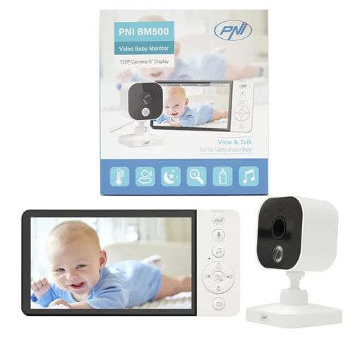 Babyphone Vidéo Pni Bm500 : Écran 5", Sans Fil 2,4 Ghz, Température, Vox, Vision Nocturne, Zoom, Berceuses