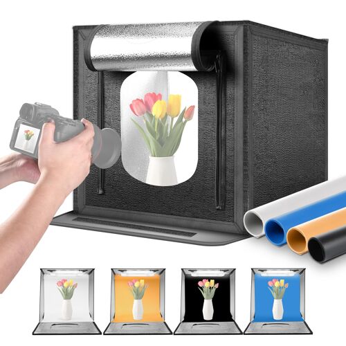 NEEWER 50W Mini Studio Photo Améliorée, 24"x24" Pliable Portable, 4 Fonds, 5600K 160 LED 5200lx/0,5m, Tente de Prise de Vue pour Cabine à Intensité Variable Light Box pour Bijoux Électroniques, LP60