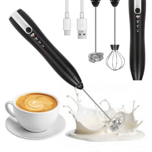 Mousseur à lait rechargeable, électrique portable, 3 vitesses USB-C, 2 fouets, noir