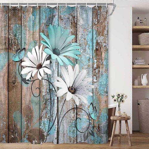 Rideau de douche fleuri style ferme pour salle de bain, motif marguerites turquoise et bleu campagne, style champêtre, 175 x 178 cm (69 x 70 pouces).