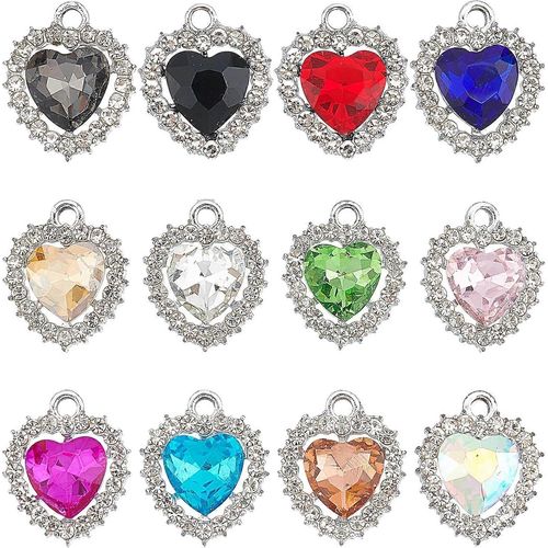 24 Pendentifs En Alliage De Verre Et Strass En Forme De C?Ur, 12 Couleurs Assorties, Finition Platine, Dimensions : 19 X 16 X 5,8 Mm, Trou : 2 Mm, 2 Pièces Par Couleur