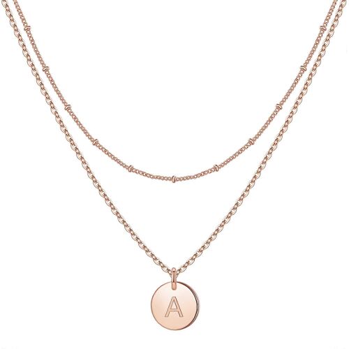 Colliers Avec Initiale Pour Femmes Et Filles - Pendentif Pièce Martelée Gravée En Or, Argent Et Or Rose, Design À Plusieurs Rangs 14""+2""/16""+2