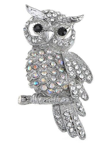 Broche Ancienne En Cristal Multicolore Et Strass Représentant Une Petite Chouette Perchée Sur Une Branche