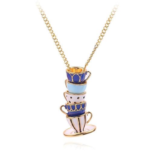 Collier Humoristique Avec Pendentif Tasse À Thé En Émail Empilée, Style Théière 3d, Long Collier Bleu Pour Femme, Bijou Élégant