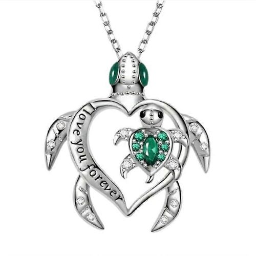 Collier « Maman Tortue Verte », Bijou Animalier Pour Femme, Cadeau Fait Main Pour Noël Ou Un Anniversaire, Plaqué Argent.