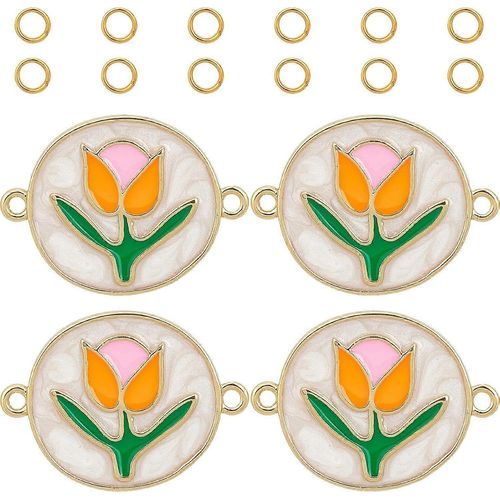 1 Boîte De 6 Breloques Connecteurs Tulipe En Laiton Plaqué Or 18 Carats Avec Émail, Connecteurs De Boucles D'oreilles À 2 Trous, Maillons En Forme De Fleur Rose, Double Boucle, Avec 12 Anneaux De Jo