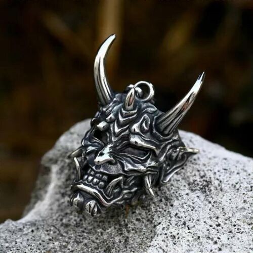 Collier Pendentif Tête De Mort Argentée Pour Homme, Style Punk Rétro, 61 Cm, Bijou Rock Gothique, Motif Hannya Avec Cornes Argentées