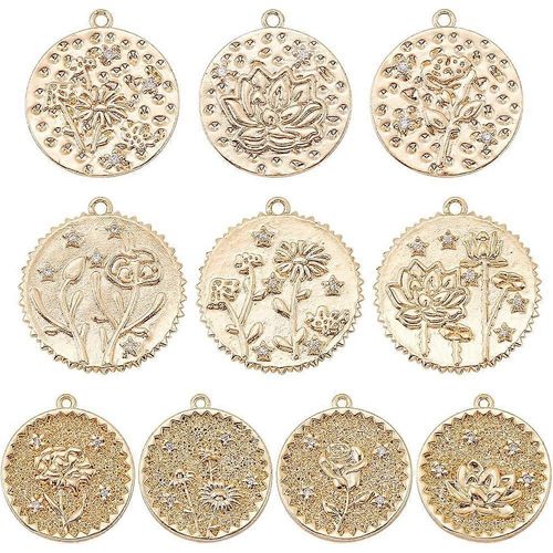 10 Pendentifs Ronds Plats En Laiton, Sertis De Micro-Pavés De Zirconiums Cubiques Transparents, Avec Motifs Marguerite, Lotus Et Rose. Plaqué Or 18 Carats Véritable. Dimensions : 19,5 À 23 X 17,5 À