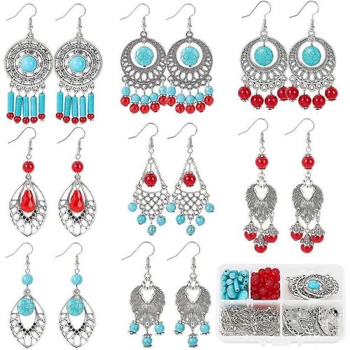 Kit De Création De Boucles D'oreilles Bohèmes (1 Boîte) : 8 Paires, Breloques Style Tibétain, Breloques Rondes En Forme De Feuille, Perles Turquoise Synthétiques Rouges.