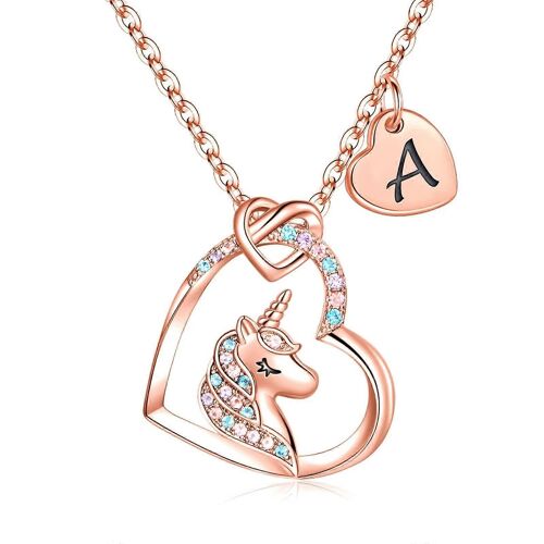 Collier Licorne Avec Initiale En Forme De C?ur En Or Rose