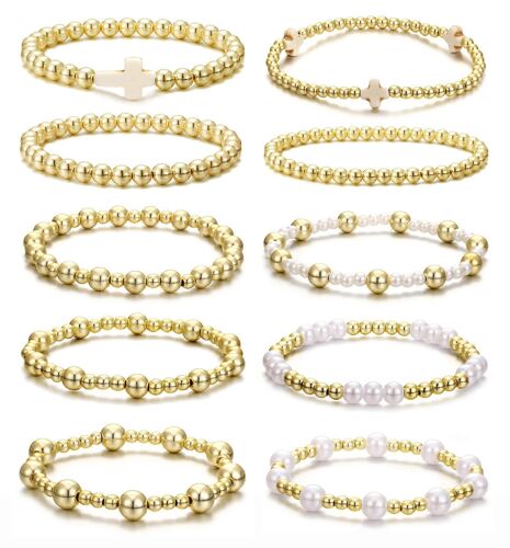10 Bracelets De Perles Dorées Pour Femmes, Plaqués Or 14 Carats