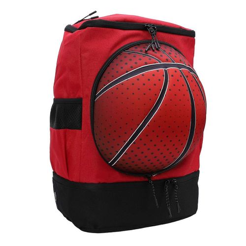 Grand sac à dos de sport pour homme, femme et enfant, capacité de 35 L, rouge et noir, compartiments pour ballon et chaussures.