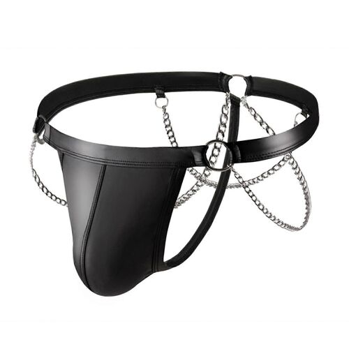 Slip String Pour Homme, Mini-Slip En Similicuir Noir Verni Avec Chaîne, Taille M