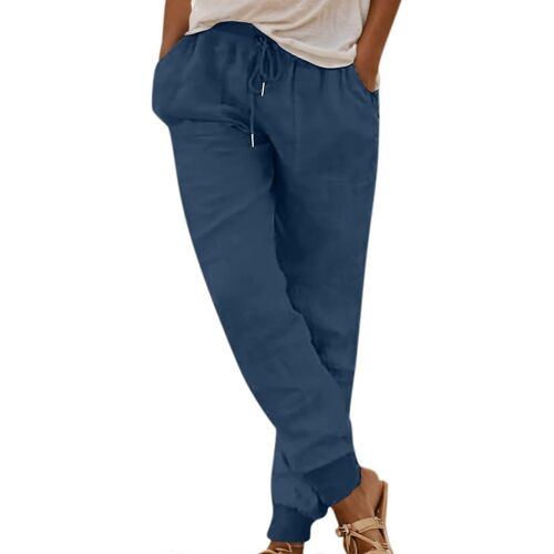 Pantalon D'été Léger En Lin Bleu Pour Femme, Style Capri, Taille Haute, Coupe Harem, Cordon De Serrage Et Poches, Taille Xl