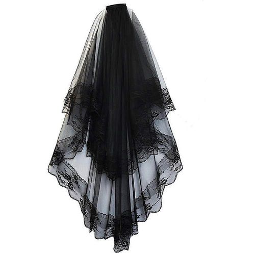 Voile De Mariée Noir À Deux Niveaux Pour Femme, Idéal Pour Un Déguisement D'halloween Ou Une Robe De Mariée.