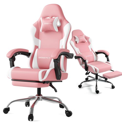 Fauteuil gaming dowinx avec appui-tête et soutien lombaire, fauteuil de bureau avec repose-pieds, Rose