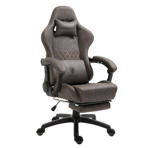 Dowinx Chaise de Gaming Racing Gamer avec Soutien Lombaire de Massage, Fauteuil de Jeu Ergonomique avec Coussin de Printemps, Chaise de Bureau en Cuir PU Chaise pivotant réglable, Marron