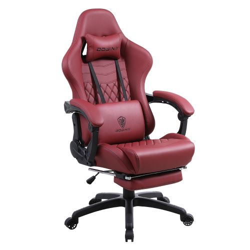 Dowinx Chaise de Gaming Racing Gamer avec Soutien Lombaire de Massage, Fauteuil de Jeu Ergonomique avec Coussin de Printemps, Chaise de Bureau en Cuir PU Chaise pivotant réglable, Rouge