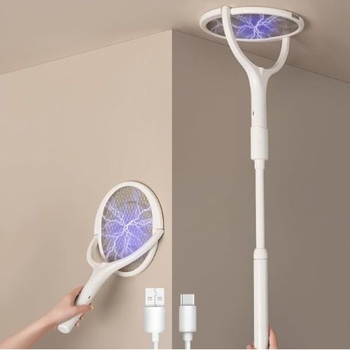2-Pack GeckoMan Tête Rotative Raquette Électrique Insectes Rechargeable Raquette Anti Moustique Électrique Moustique Tapetteà Mouche Piège Anti Mouche, avec Une Extension Télescopique