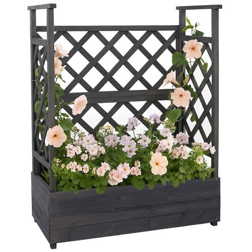 Jardinière Sur Pied Surélevée Hwc-P67, Bac À Plantes/À Fleurs, Pot De Fleurs, Treillis, Tuteur, Espalier En Bois Mvg 114x85x44cm   Gris Anthracite