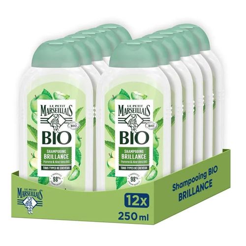 Le Petit Marseillais Shampooing Brillance Certifié Bio Pomme & Aloe Vera, Lot De 12x240ml ¿ Tous Types De Cheveux ¿ Sans Sulfate 