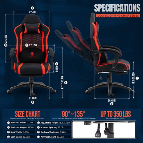 Dowinx Gaming Chair with Heated Massage Lumbar Support, Ergonomic Gaming Computer Chairs with Footrest and Pocket Spring Cushion, Big and Tall Gamer Chair for Adult, 330lbs,Red