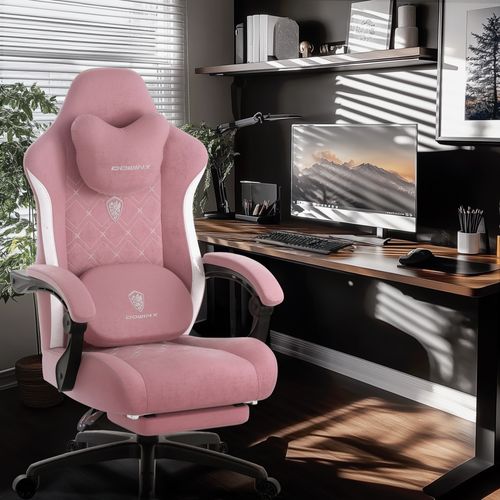 Dowinx Chaise Gaming Ergonomique, Fauteuil Gamer en Tissu avec Massage, Repose-Pieds et Coussin, Support Lombaire, Charge Max. 150 kg, Rose