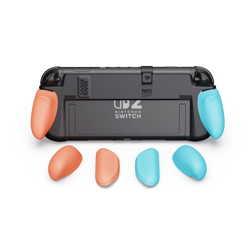 NeoGrip pour Nintendo Switch 2 SAVAGE RAVEN by Skull & Co. : Poignée ergonomique avec coque rigide et poignées interchangeables [adaptées à toutes les tailles de mains], Bleu néon et rouge