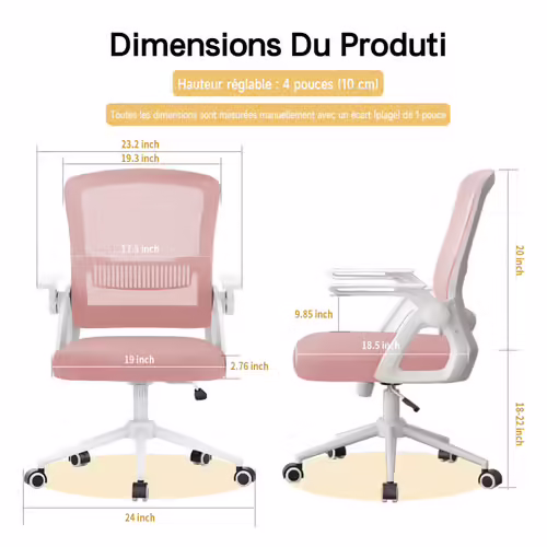 Chaise de bureau chaise de bureau ergonomique capacité de charge 300lb chaise d'ordinateur à dossier haut en maille avec accoudoirs rabattables chaise bureau confortable avec soutien lombaire réglable