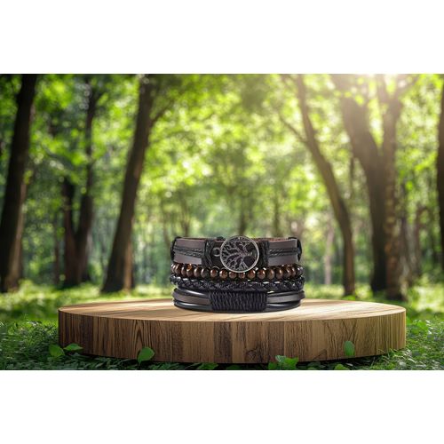 Bracelet Arbre De Vie En Perles De Bois Et En Cuir.