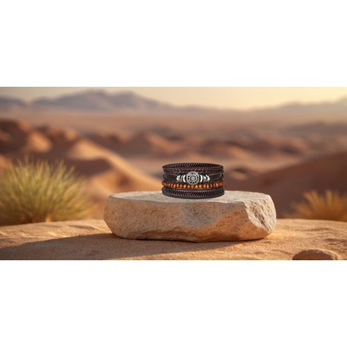 Bracelet Fleur Antique En Cuir Et Perles De Bois.