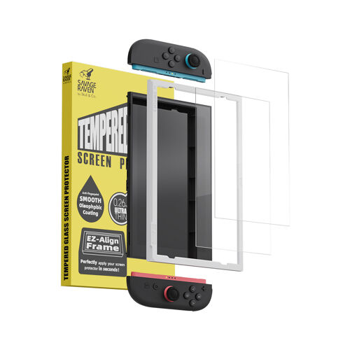Protecteur d¿écran en verre trempé pour Nintendo Switch 2 Savage Raven by Skull & Co. : Verre transparent HD anti-rayures, protection d¿écran claire et résistante (lot de 2) avec cadre EZ-Align ¿ Haute clarté