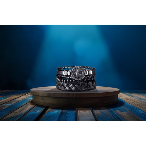 Bracelet Poker En Cuir, Perles De Bois Et Métal Argenté.