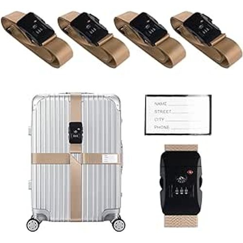 Sangles de bagage Veki Cross, sangles de valise homologuées TSA avec cadenas, sangles de voyage réglables avec porte-nom, sangles d'emballage pour valises (kaki, lot de 4)