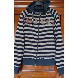 Jolie Veste Sweat Guess 100% Laine D'Agneau Doublée Coton À Capuche.Rayée Bleu/Gris. Txl
