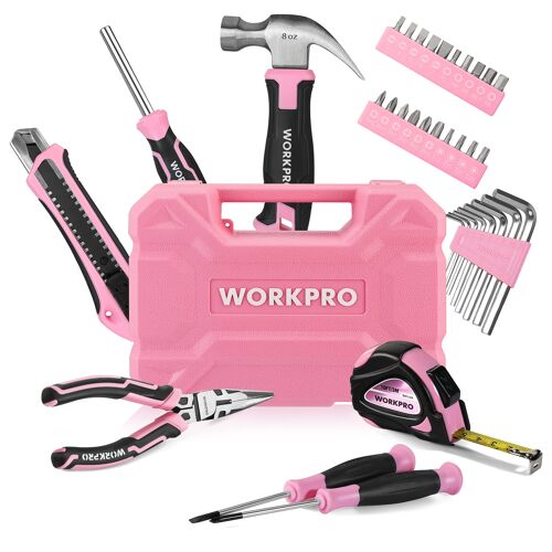 Caisse a Outils Rose 35 Pieces WORKPRO, Trousse a Outils avec Boite de Rangement, Mallette Outils Rose pour Usage Domestique ou Petits Travaux