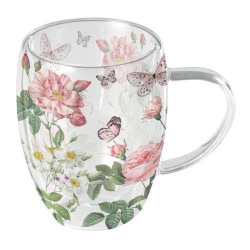 Tasse À Thé En Verre Double Paroi Papillons Et Fleurs Romantique