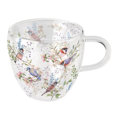 Tasse À Thé En Verre Double Paroi Oiseaux Et Branches Fleuries