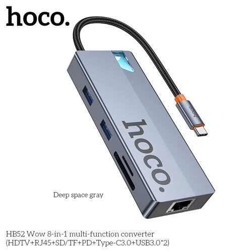 HUB convertisseur multifonction 8 en 1 HOCO Type-C vers HDTV, RJ45, lecteur SD/TF, PD, Type-C 3.0 et 2 ports USB 3.0.